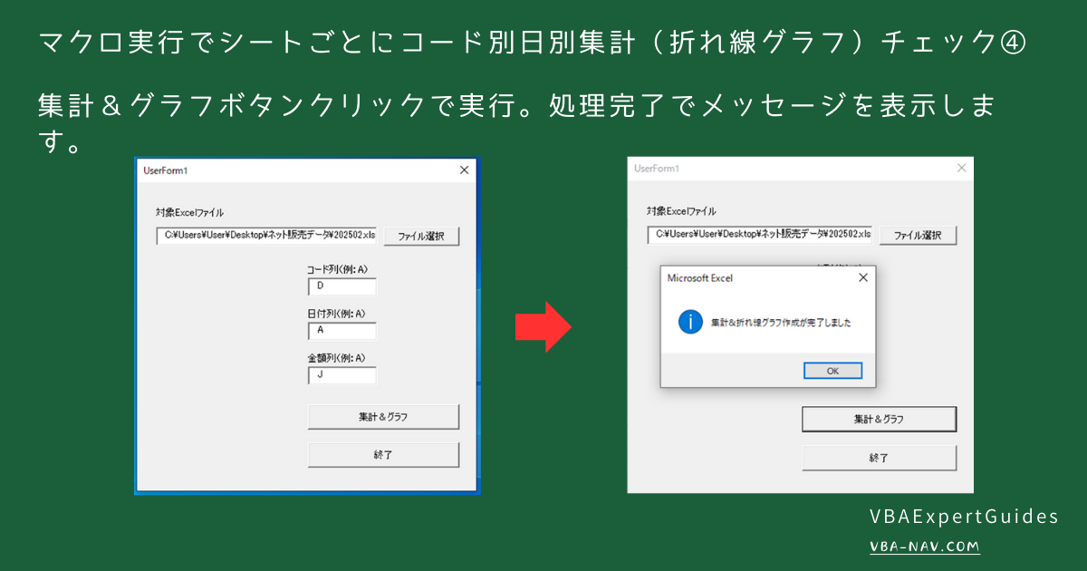 マクロ実行でシートごとにコード別日別集計（折れ線グラフ）チェック④